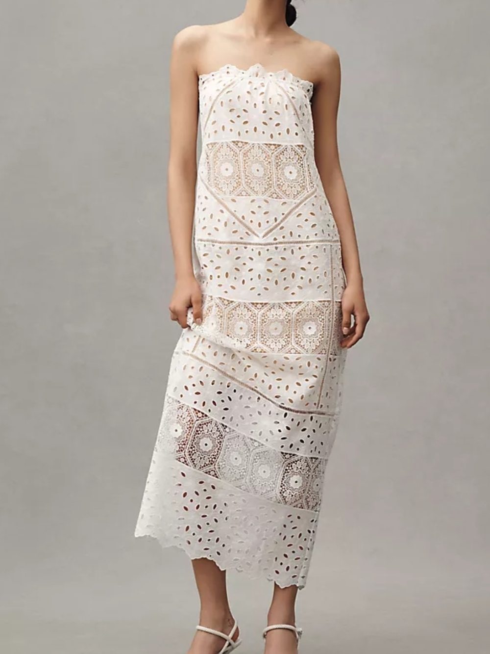 NWT BHLDN Strapless Eyelet Midi Dress in Ivory and Beige Medium